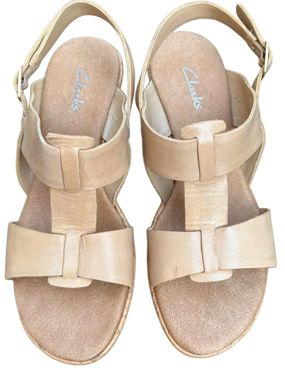 Clarks Leather Wedge Sandals Beige Taupe Cork Heel Slingback Size 9M